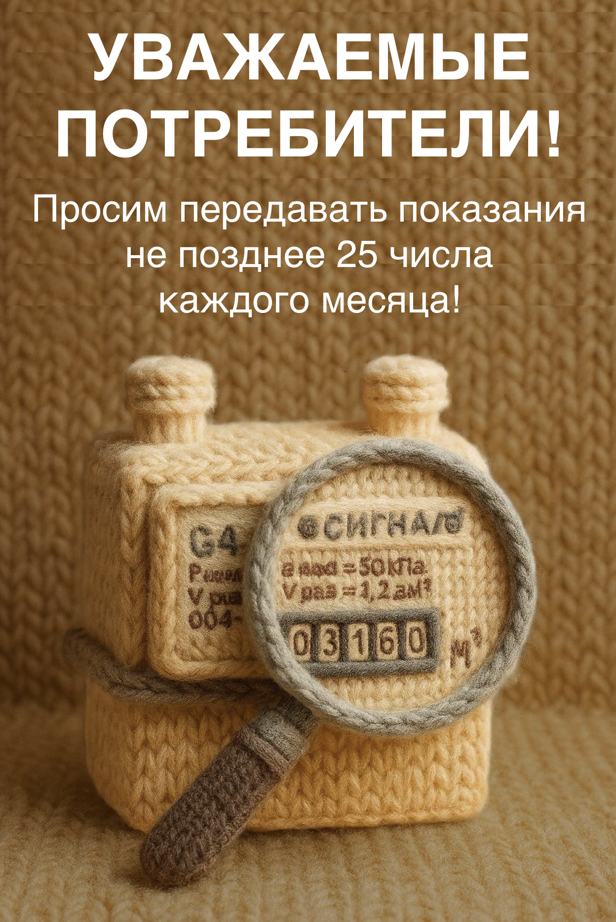 Уважаемые потребители! Просим передавать показания не позднее 25 числа каждого месяца!